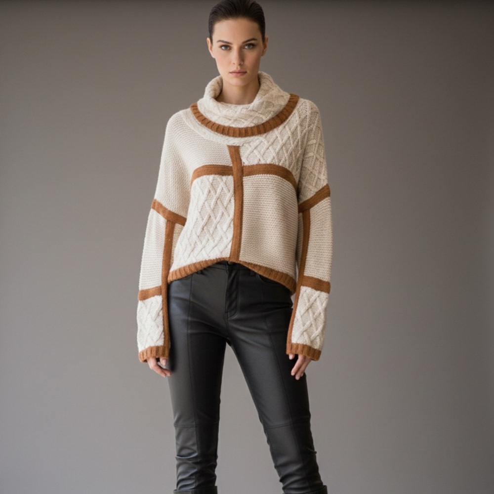 525 America Oversized Cowl Neck Mixed Knit Sweater Boxy Cropped Cashmere Wool